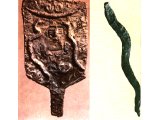 Snakes. Left: Bronze snake from Lachish. Late Bronze Age (cf Num.21:9) (Palestine Archaeological Museum). Right: Standard from Hazor with head of goddess and two snakes on either side. Late Bronze Age.